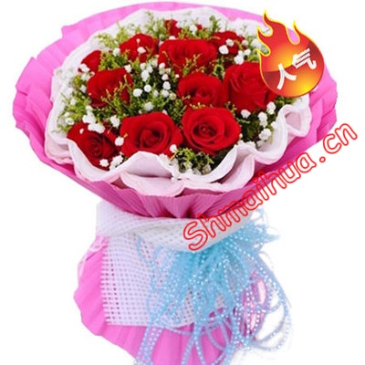 你的甜蜜-精选9朵极品红玫瑰，黄莺、满天星间插丰满。，粉色包装纸精美包装，精美蝴蝶结束扎。